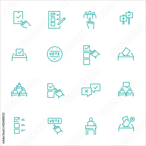 Simple Set of Voting Related Vector Line Icons. Contains such Icons as Raising Hands, Ratings of Candidates, Electronic voting and more.