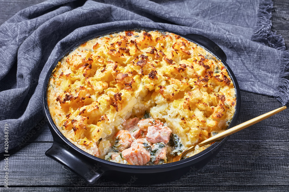salmon pot pie in a baking dish salmon pot pie in a baking dish