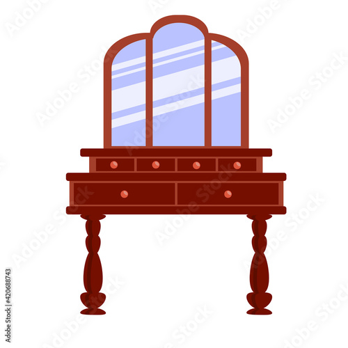 Single antique dressing table in a flat cartoon style. Vector  of vintage furniture for bedroom and living room.  The vector illustration is isolated on a white background.