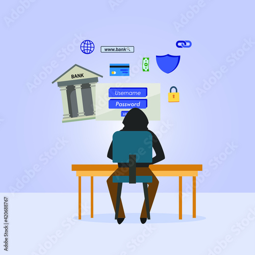 Hacker vector concept: Unknown hacker stealing data on the bank web to get much money