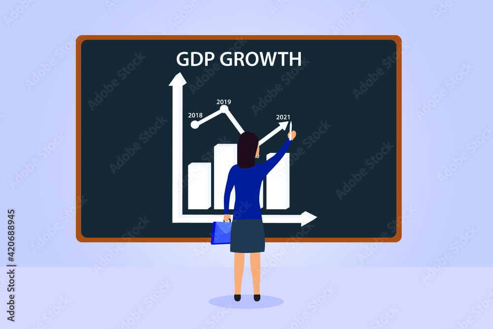 GDP business vector concept: Young businesswoman drawing chart of GDP ...