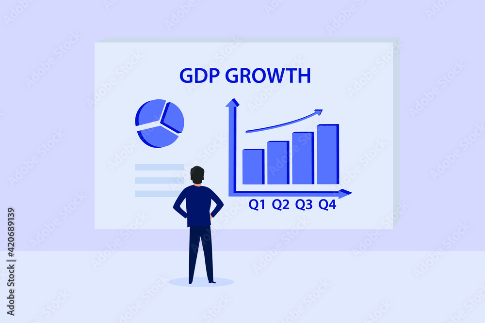 GDP business vector concept: Young businessman looking at diagram of GDP growth from quartile 1 until quartile 4 GDP business vector concept: Young businessman looking at diagram of GDP growth from quartile 1 until quartile 4