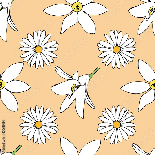 Vector pastel orange background white yellow lemony floral seamless pattern. Daisies, Lilies. Seamless pattern background