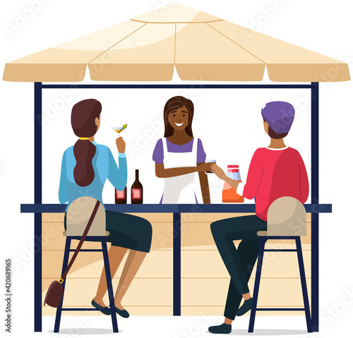 Outdoor bar in form of tent isolated on white background. Bartender making coocktails for friends
