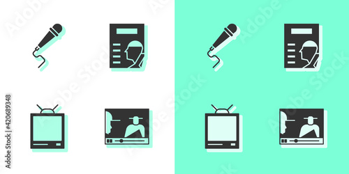 Set Online play video, Microphone, Retro tv and Cinema poster icon. Vector