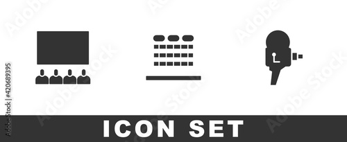 Set Cinema auditorium with screen, seats and Retro cinema camera icon. Vector