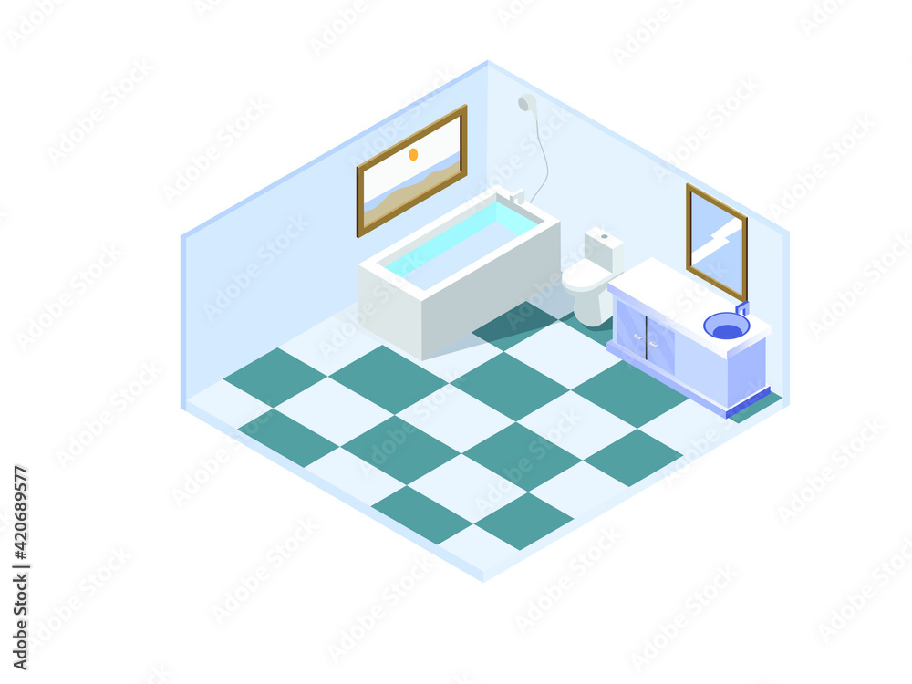 Empty modern bathroom interior with bathtub, shower, and sink. Isometric vector concepts