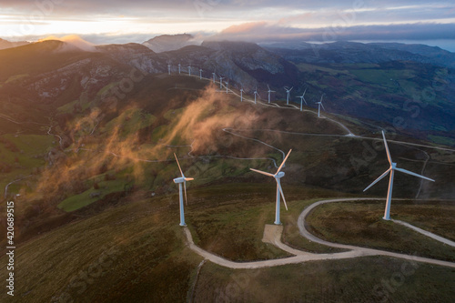 aerial shot of wind farm