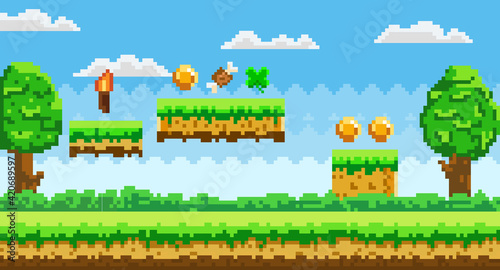 Pixel-game scene with grass, trees and awards for player golden coins, meat bone, torch and leaf