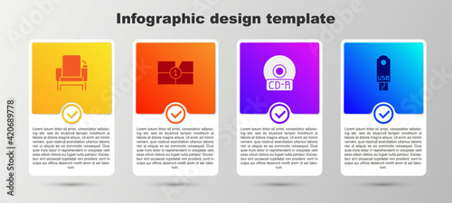 Set Cinema chair, Old film movie countdown frame, CD or DVD disk and USB flash drive. Business infographic template. Vector