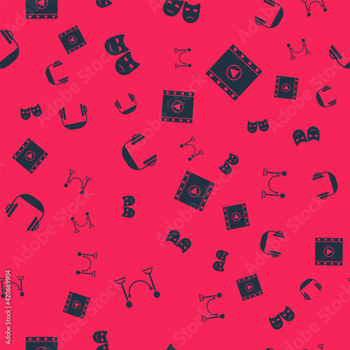 Set Rope barrier, Comedy and tragedy masks, Headphones and Play Video on seamless pattern. Vector