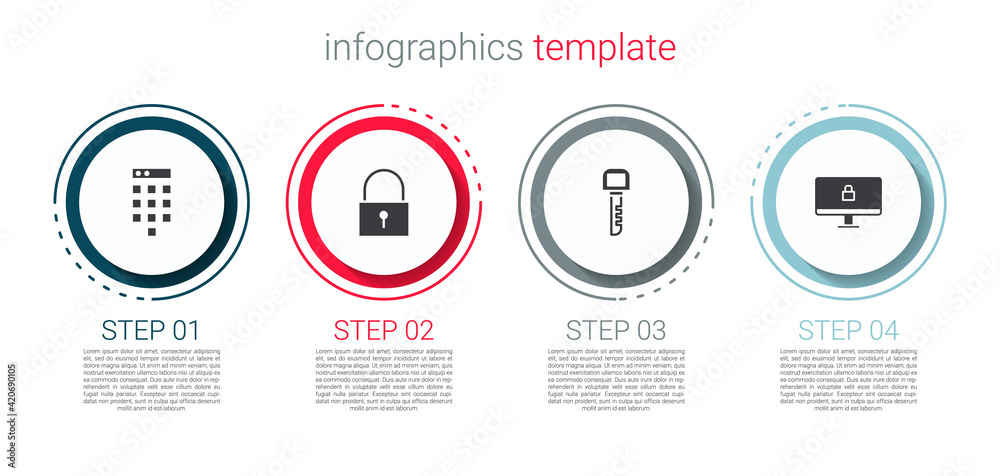Set Password protection, Lock, Key and computer monitor. Business infographic template. Vector Set Password protection, Lock, Key and computer monitor. Business infographic template. Vector