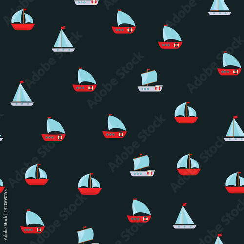Seamless Pattern Background with Children's Cute ship. Vector Illustration