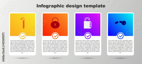 Set Crowbar, Lock, Safe combination lock and Broken key. Business infographic template. Vector