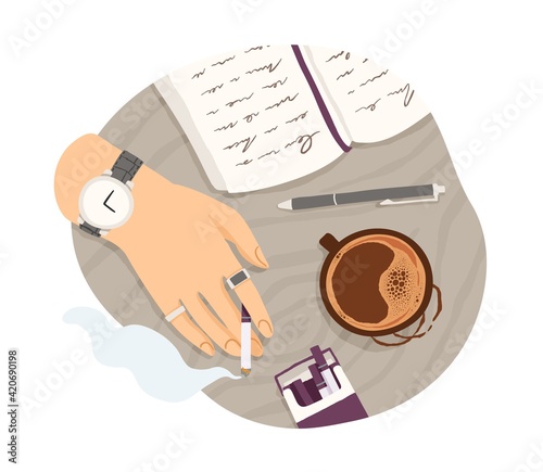 Top view of hand with cigarette, cup of coffee and diary with notes. Writer smoking and writing in notebook. Colored flat vector illustration isolated on white background