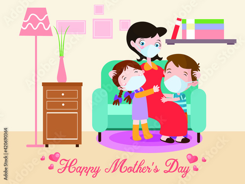 Mother's Day Vector concepts: Happy children cartoon character celebrating mother's day by hugging their mother on the sofa while wearing face mask at home