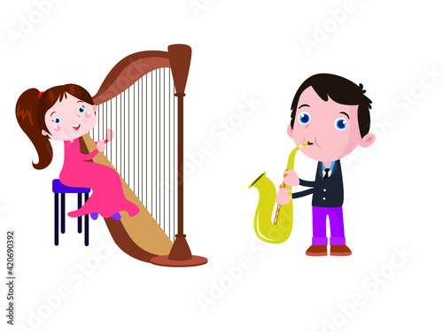 Children cartoon character playing harp and saxophone, isolated on white background