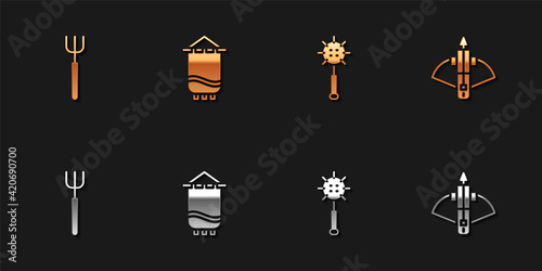 Set Garden pitchfork, Medieval flag, chained mace ball and Battle crossbow with arrow icon. Vector