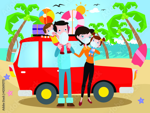 Family road trip vector concepts: Happy family traveling by car while wearing face mask and standing on the beach