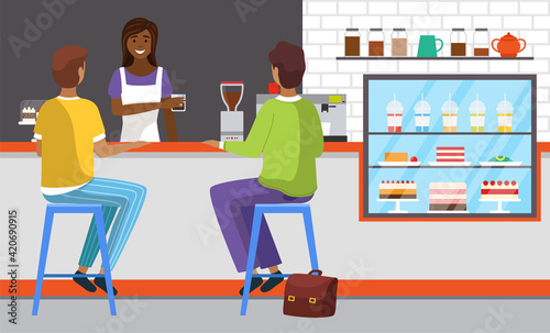 Friendly saleswoman working and selling fresh drink. People order food at checkout in modern cafe