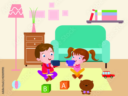 Happy children playing game on mobile phone apps while sitting in the living room at home