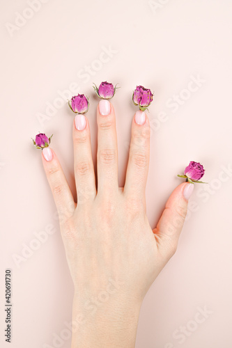 Stylish fashionable female manicure in pastel colors. Minimalist manicure trend. Flat lay top view copy space
