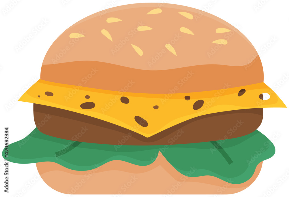 Vector hamburger with cheese, chop, lettuce. Illustration for design fast food menu. Hamburger icon Vector hamburger with cheese, chop, lettuce. Illustration for design fast food menu. Hamburger icon