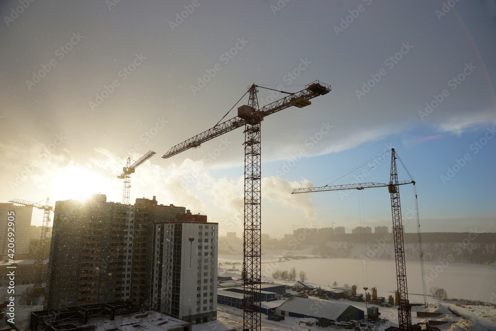 Construction of a new house in the suburbs. Dzerzhinsky, Moscow region, Russia. March 2020.