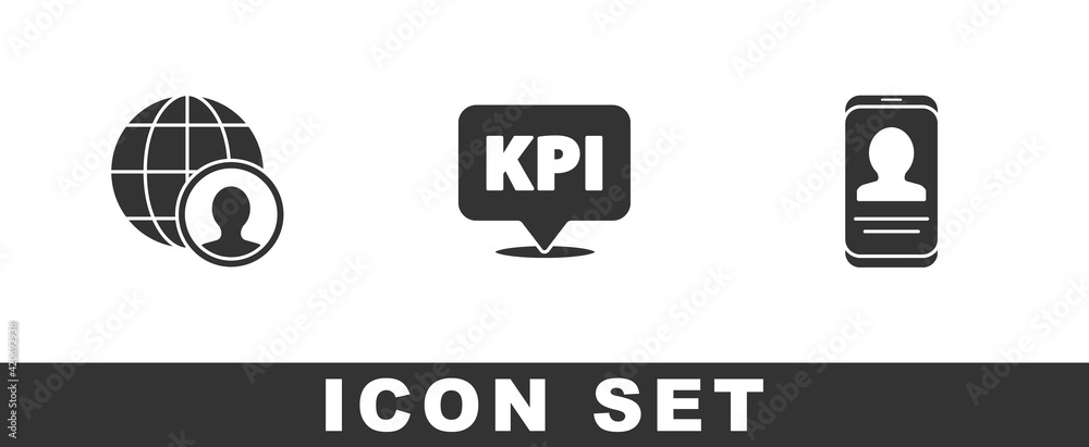 Set Globe and people, Key performance indicator and Mobile with resume icon. Vector Set Globe and people, Key performance indicator and Mobile with resume icon. Vector