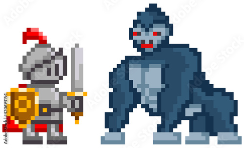 Pixel knight battling with huge monkey. Warrior holding shield and sword fighting against gorilla