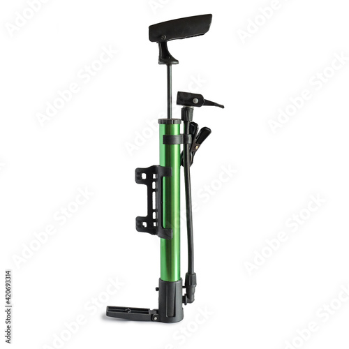 Bicycle Tire pump manual air pump against white background. photo