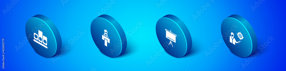 Set Isometric Ranking star, Chalkboard, Marketing target strategy and Stage stand or tribune icon. Vector Set Isometric Ranking star, Chalkboard, Marketing target strategy and Stage stand or tribune icon. Vector