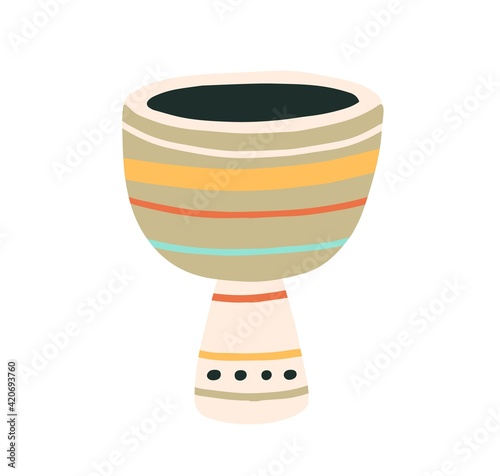 Djembe or African goblet drum. Musical percussion instrument. Colored flat vector illustration of folk jembe isolated on white background