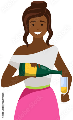 Afro american lady prepares drink for guest to order. Girl is pouring champagne into glass