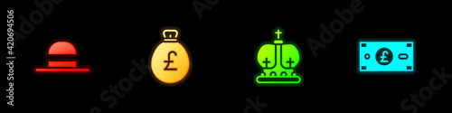 Set Elegant women hat, Money bag with pound, British crown and Pound sterling money icon. Vector