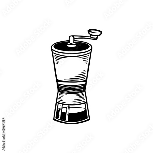 Vector hand drawn design of manual handy vintage coffee beans grinder. Old classic coffee mill badge sketch concept isolated on white background. Engraved style drawings.