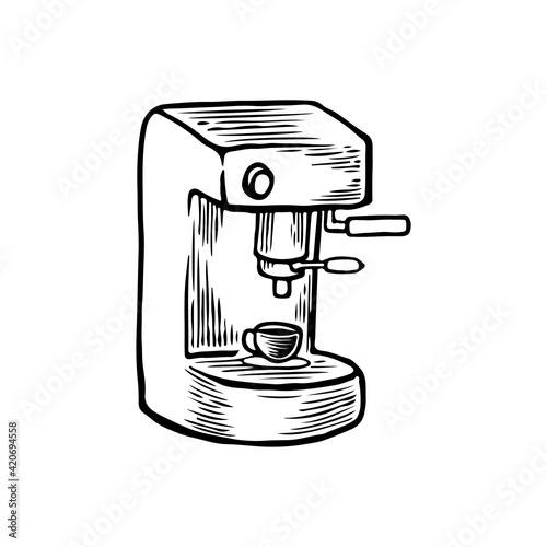 Vector hand drawn coffee machine and capsules Illustration. Detailed retro style image of coffee beans grinder. Old vintage classic sketch element for coffee shop logotype template concept.