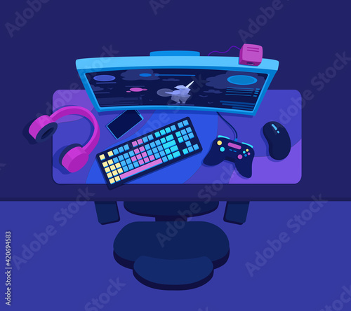 Gaming station. Gamer's desktop, workspace flat lay. PC video game equipment. Desk of a computer player. A vector cartoon illustration.
