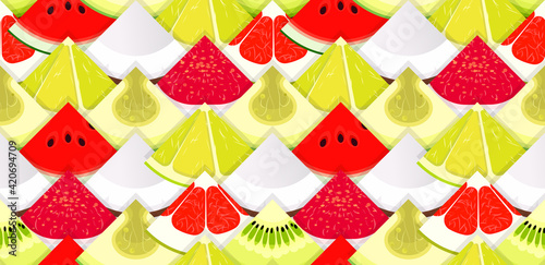 Fruit seamless texture. Pattern with pieces of fruit. Texture for packaging and background. Bright repeatable backdrop. Vector illustration