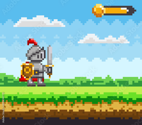 Pixel-game character. Pixelated natural landscape with brave warrior holding shield and sword