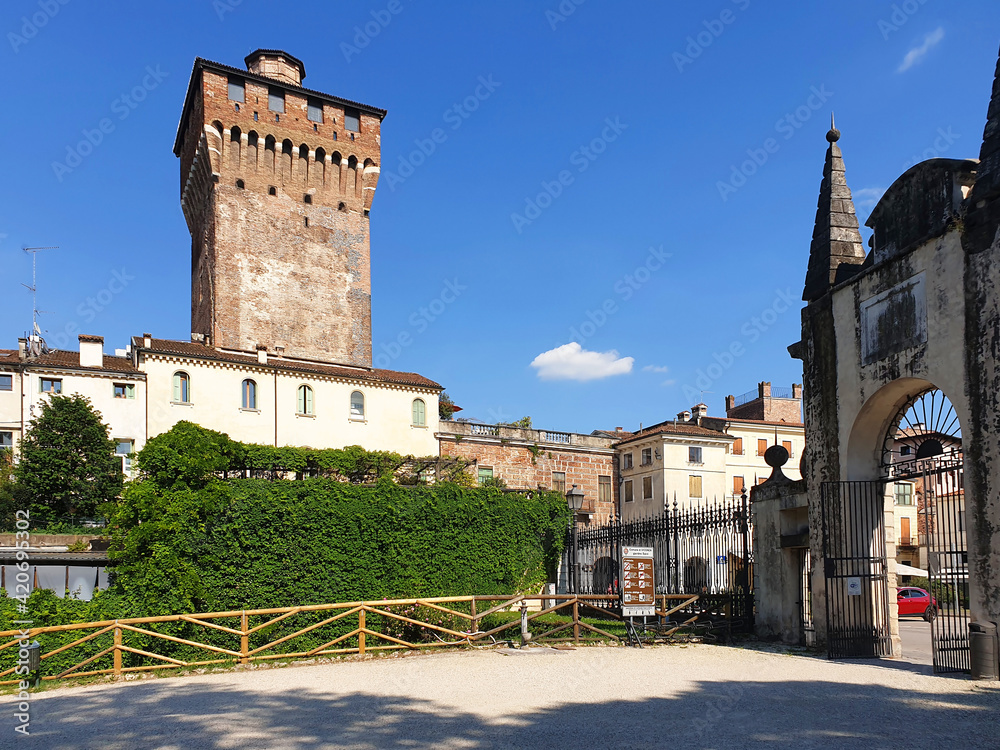 View from Salvi Park of the tower of Porta Castello in Vicenza, Italy.
