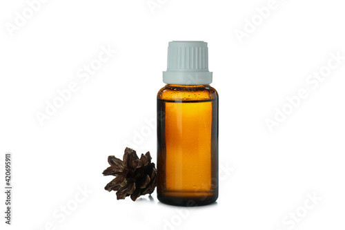 Pine essential oil isolated on white background