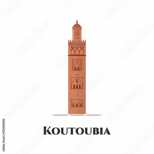 The Kutubiyya Mosque or Koutoubia Mosque in Marrakesh, Morocco. The largest mosque. This place very recommended to visit. World travel and tourism concept flat vector isolated on white background.