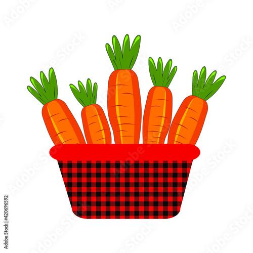 Carrots in a beautiful basket isolated on white background. Collect vegetables. Cute illustration for printing on clothes, kitchen textiles, kids decor, interior design. Vector graphics.