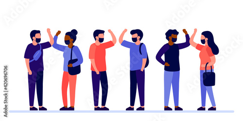 People in protective face masks greeting with elbow bump. Safe hello of to avoid spread of coronavirus. Alternative to handshake and hugging. Vector illustration
