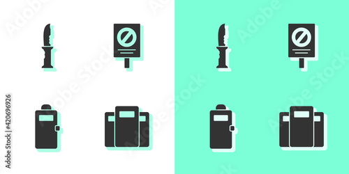 Set Police assault shield, Military knife, and Protest icon. Vector