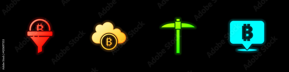Set Sales funnel with bitcoin, Cryptocurrency cloud mining, Pickaxe and Bitcoin icon. Vector Set Sales funnel with bitcoin, Cryptocurrency cloud mining, Pickaxe and Bitcoin icon. Vector