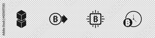 Set Blockchain technology, Bitcoin, CPU mining farm and with clock icon. Vector