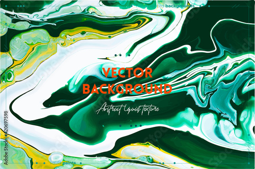 Fluid art texture. Abstract background with swirling paint effect. Liquid acrylic picture with flows and splashes. Mixed paints for baner or wallpaper. Yellow, emerald and white overflowing colors.