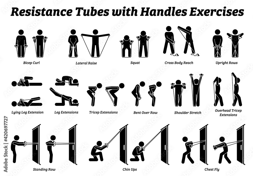 Fototapeta premium Resistance tubes band with handles exercises and stretch workout techniques in step by step. Vector illustrations of stretching exercises poses, postures, and methods with resistance tube band.